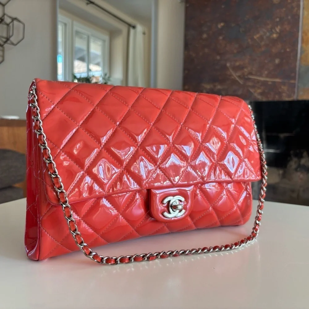 Gorgeous Chanel CC Quilted Patent Flap Clutch Chain Orange Silver Shoulder Bag